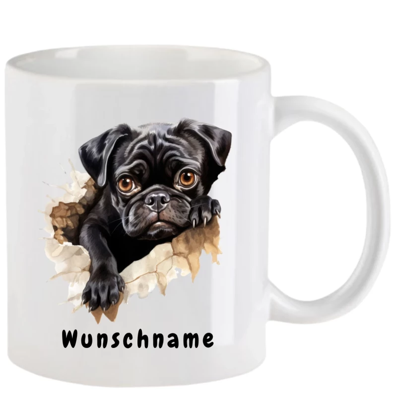 Tasse mit Mops schwarz aquarell