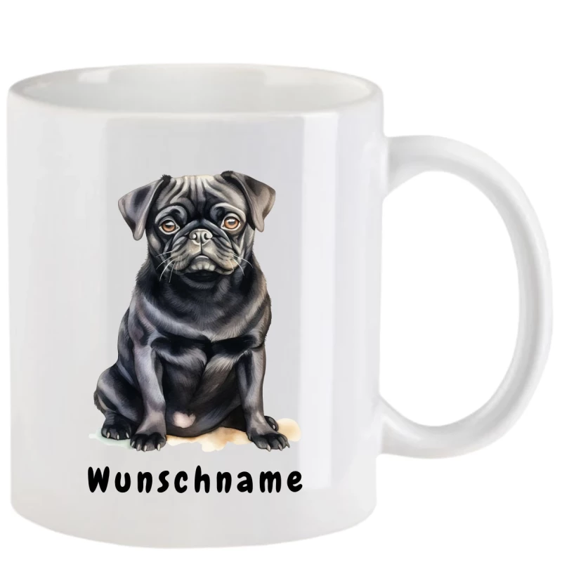 Tasse mit Mops schwarz aquarell