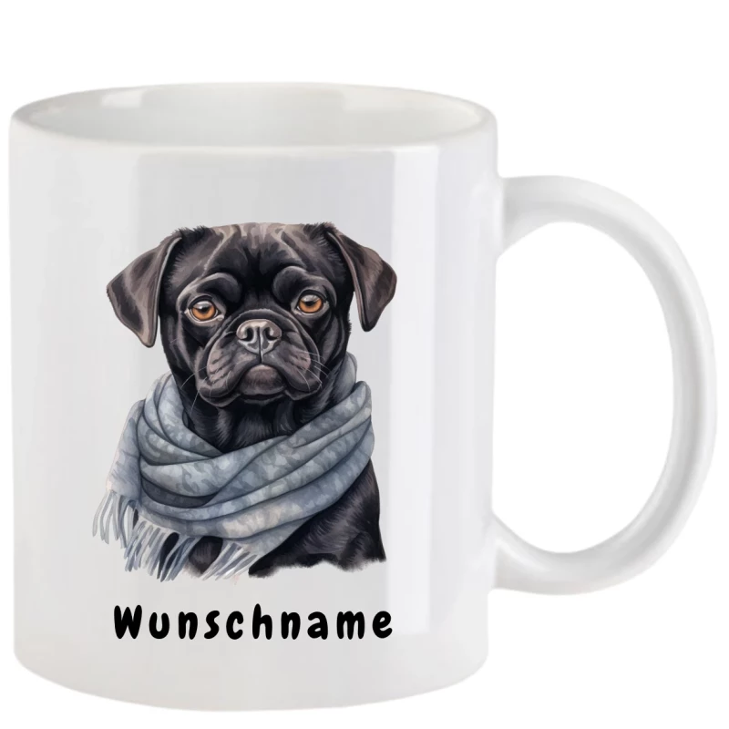 Tasse mit Mops schwarz aquarell